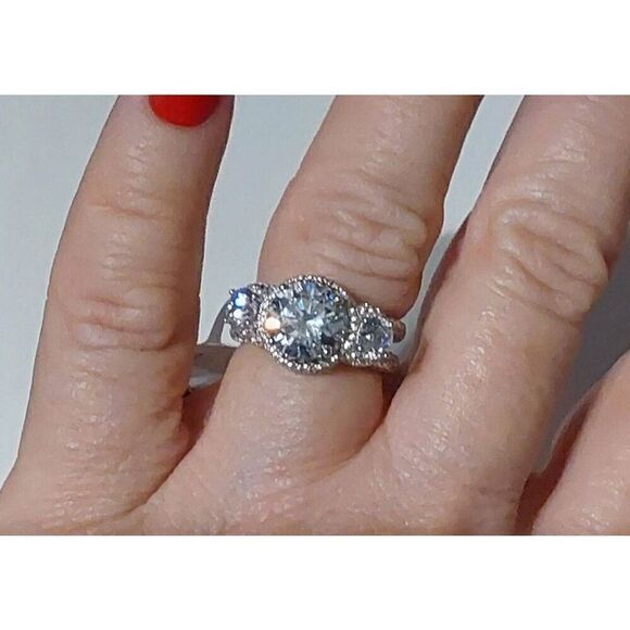 Gorgeous 9.4 Ct. Genuine Diamond Simulant Three Stone Halo Pave Wedding Ring #8 - Picture 5 of 10